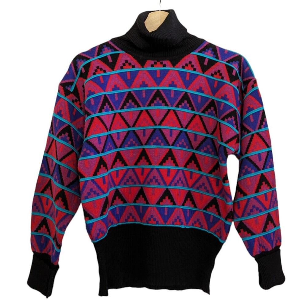 Vintage TYROLIA SKIWEAR Turtleneck Sweater Geometric Long Sleeve Wool Size S